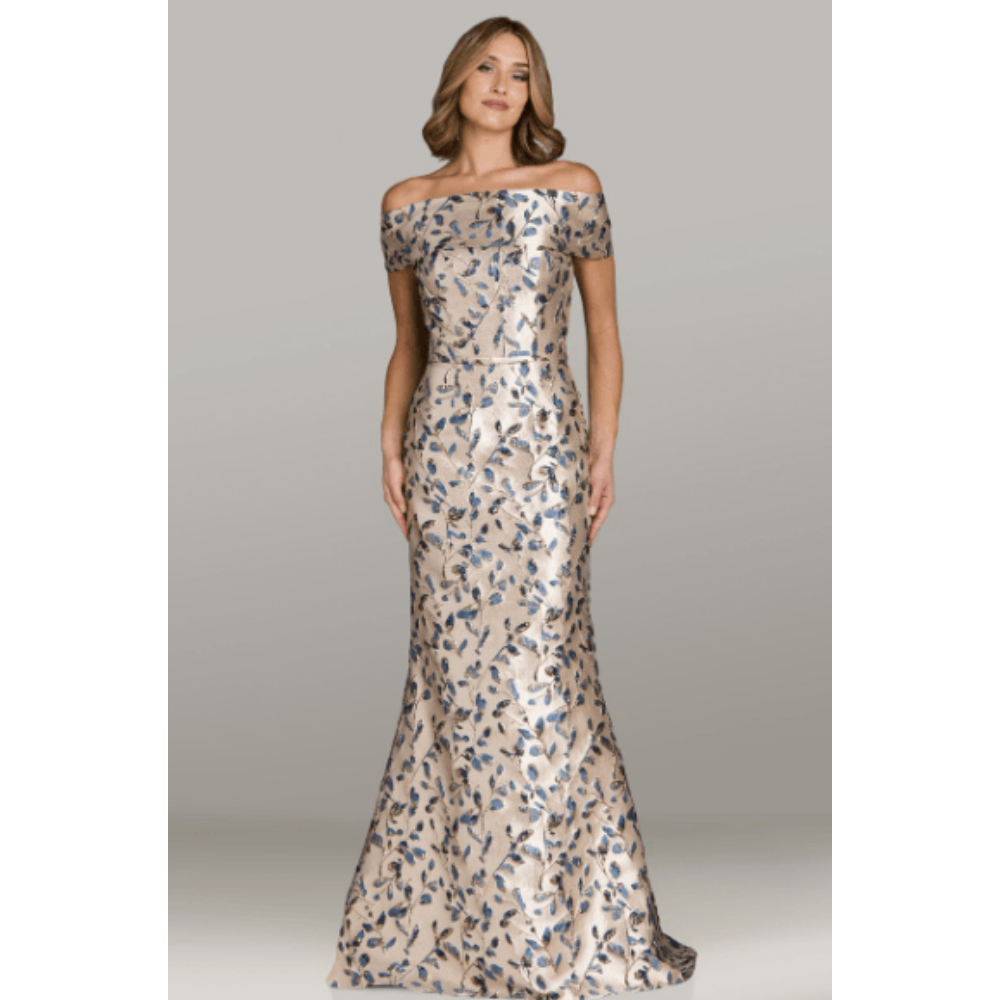 Gia Franco Off the Shoulder Floral Jacquard Evening Gown at Helen Ainson