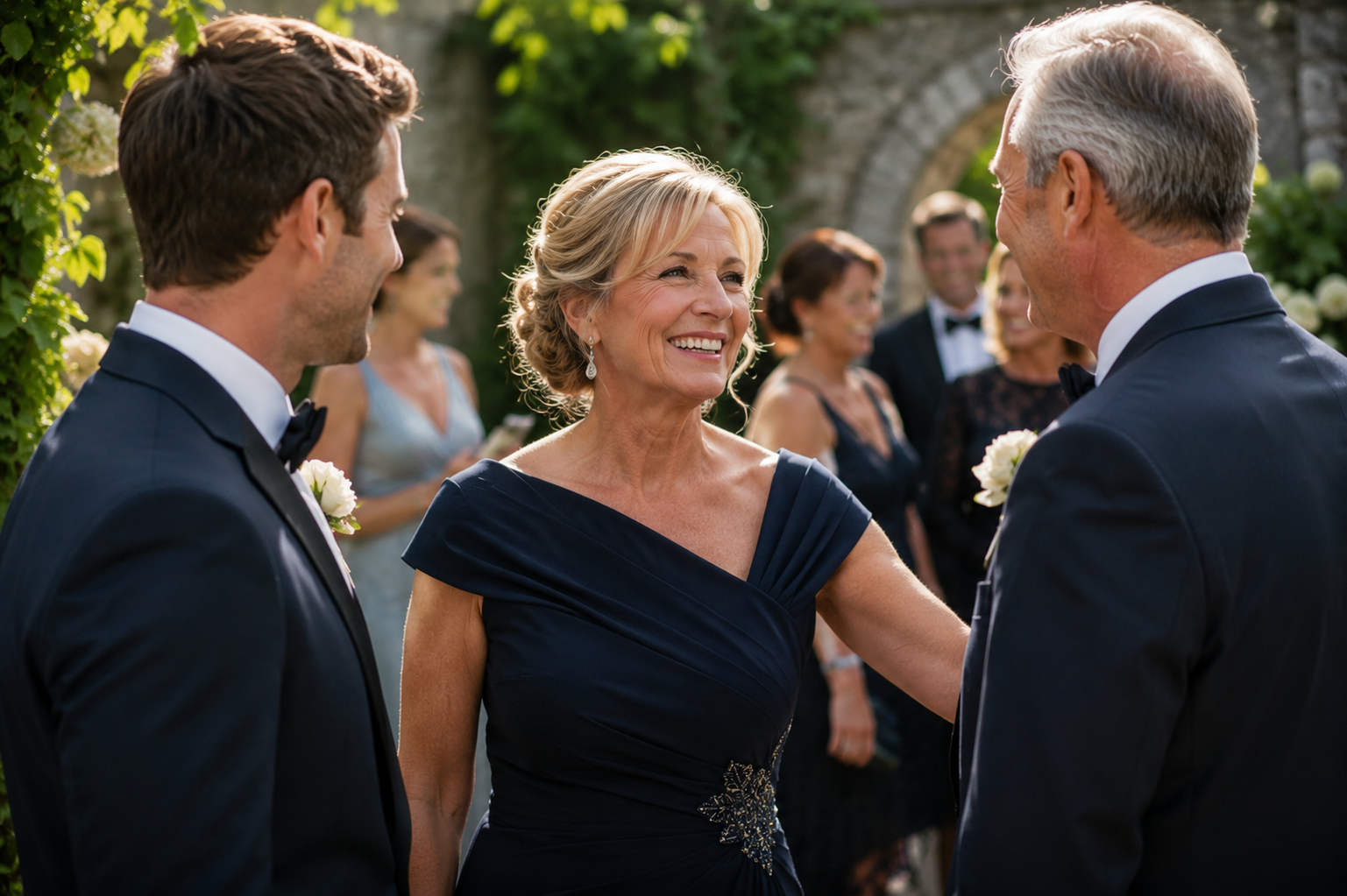 Elegant mother of the groom wearing a sophisticated formal dress while smiling with family at an outdoor wedding ceremony.
