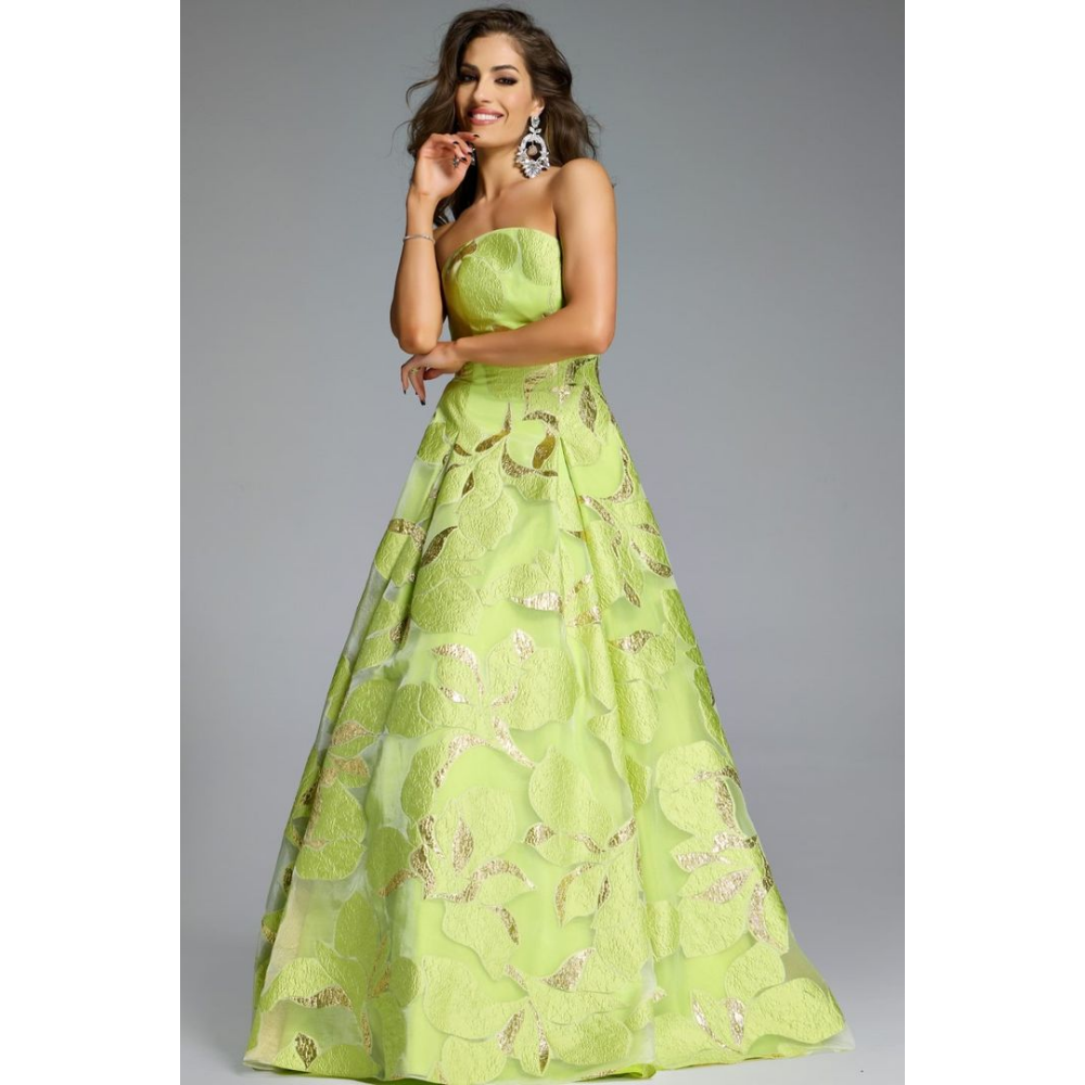 Jovani Strapless A-Line Gown with Textured Floral Motif 44369 at Helen Ainson
