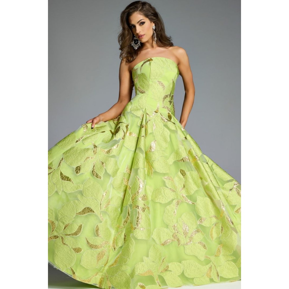Jovani Strapless A-Line Gown with Textured Floral Motif 44369 at Helen Ainson