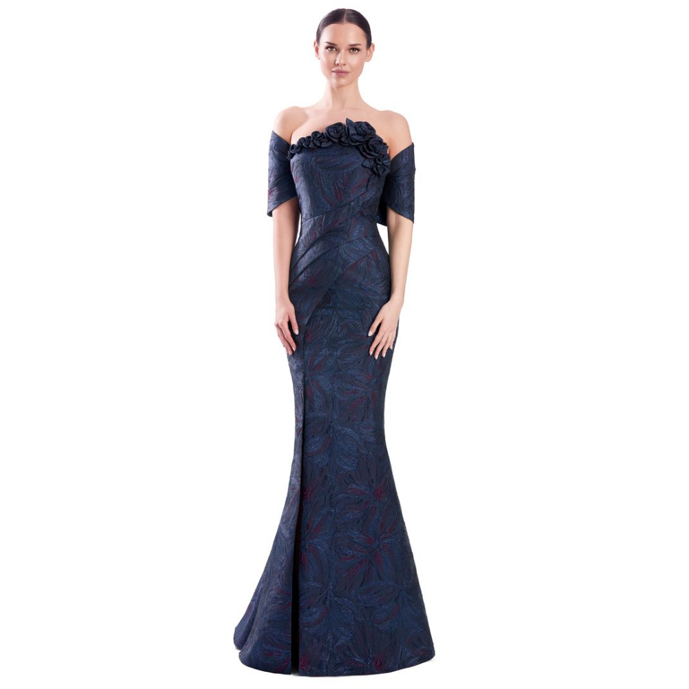 Alexander by Daymor 3338 Strapless Metallic Jacquard Gown with Floral Bodice Detail at Helen Ainson