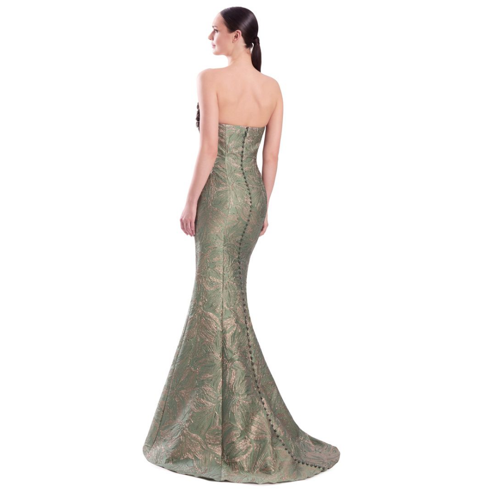 Alexander by Daymor 3338 Strapless Metallic Jacquard Gown with Floral Bodice Detail at Helen Ainson