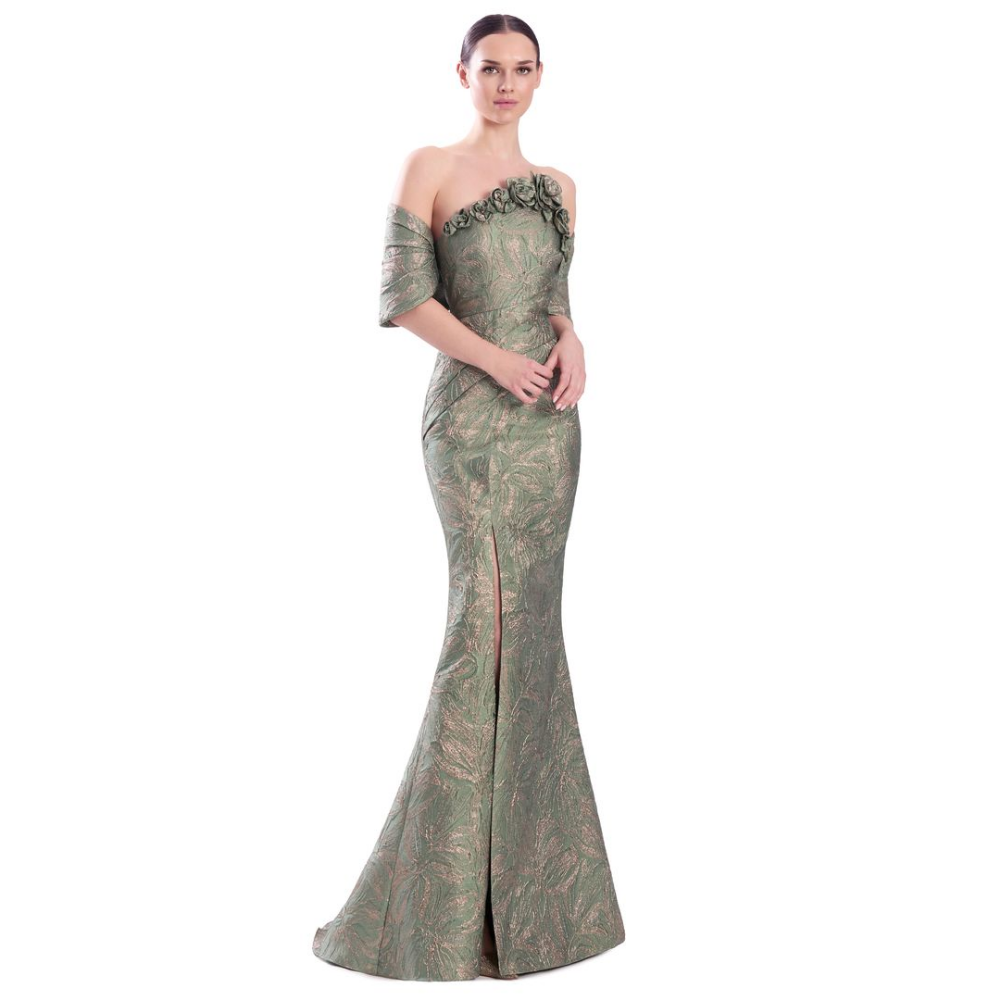Alexander by Daymor 3338 Strapless Metallic Jacquard Gown with Floral Bodice Detail at Helen Ainson