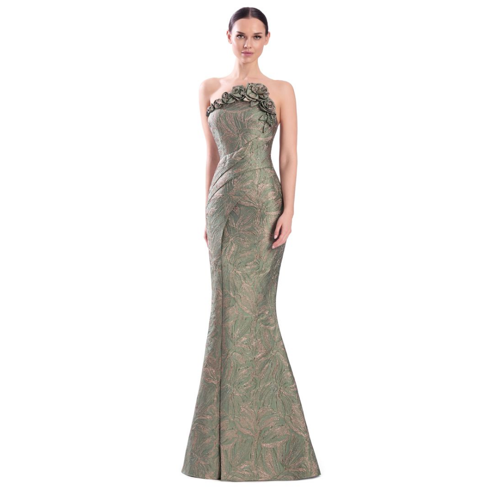 Alexander by Daymor 3338 Strapless Metallic Jacquard Gown with Floral Bodice Detail at Helen Ainson