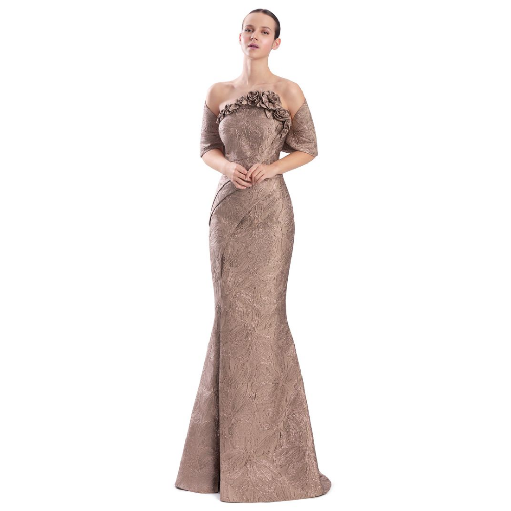 Alexander by Daymor 3338 Strapless Metallic Jacquard Gown with Floral Bodice Detail at Helen Ainson