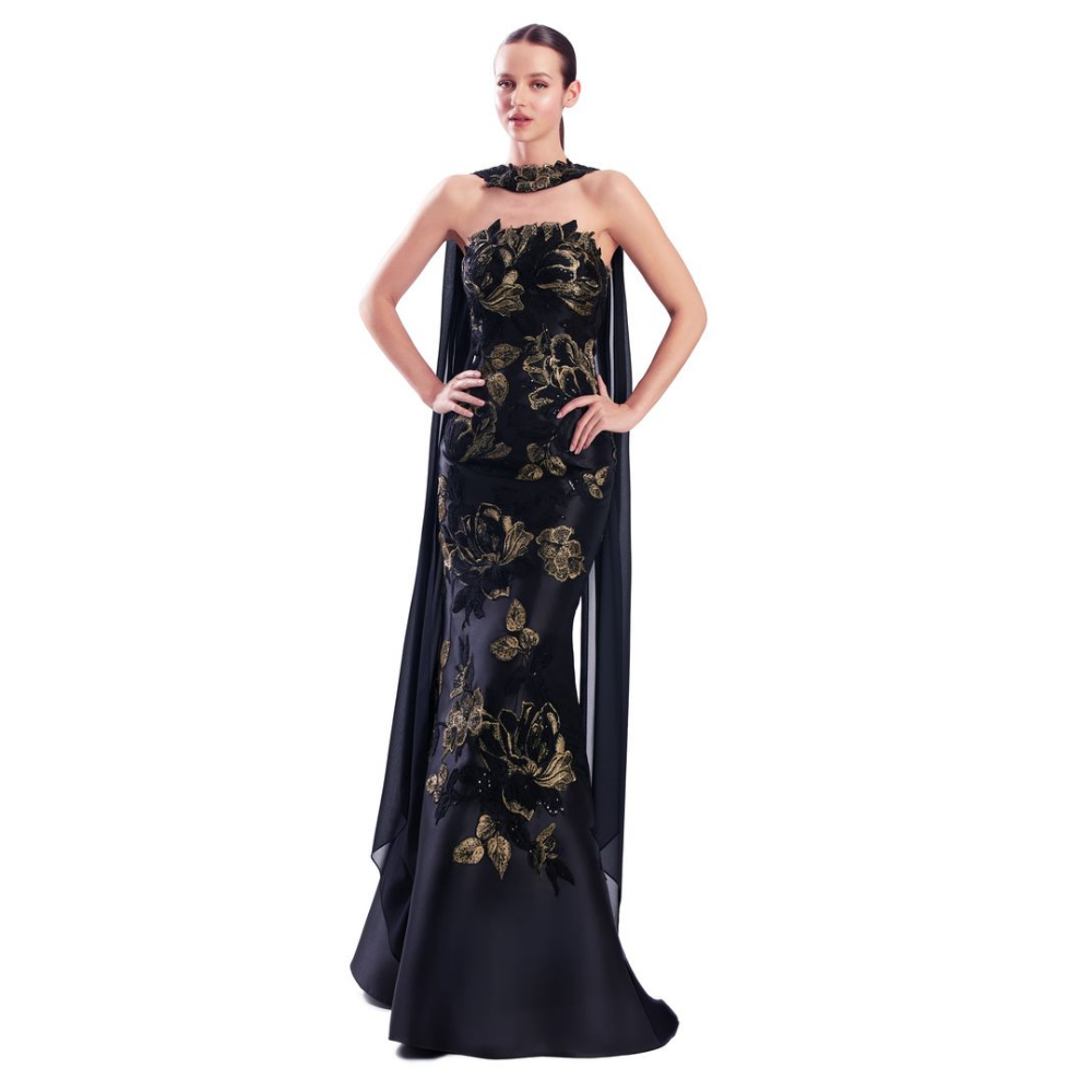 Alexander by Daymor 3332 Strapless Floral Embroidery Gown with Chiffon Cape at Helen Ainson