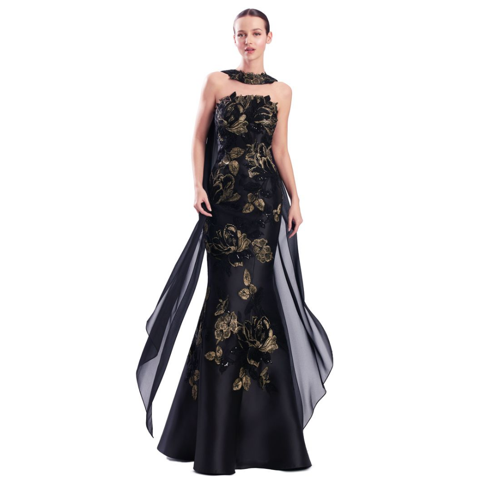 Alexander by Daymor 3332 Strapless Floral Embroidery Gown with Chiffon Cape at Helen Ainson