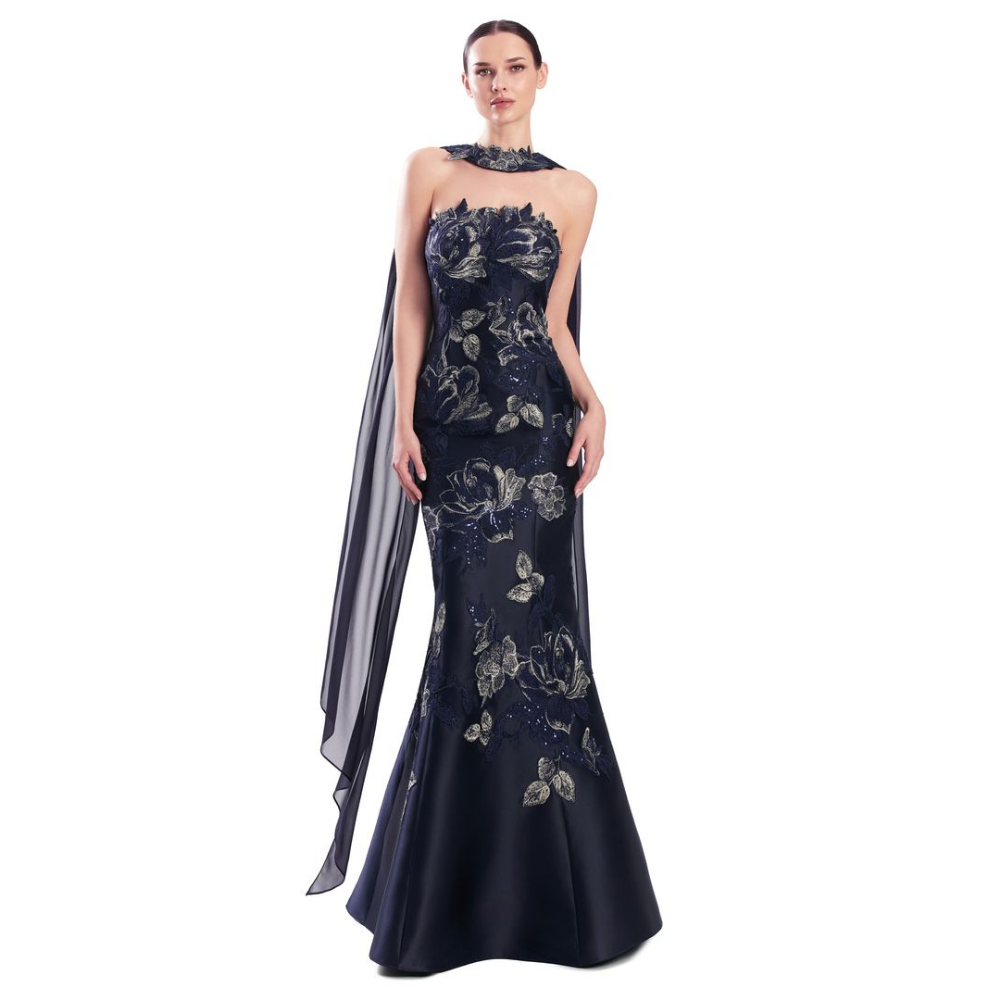 Alexander by Daymor 3332 Strapless Floral Embroidery Gown with Chiffon Cape at Helen Ainson