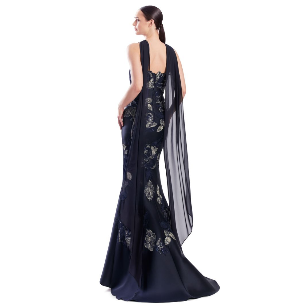 Alexander by Daymor 3332 Strapless Floral Embroidery Gown with Chiffon Cape at Helen Ainson