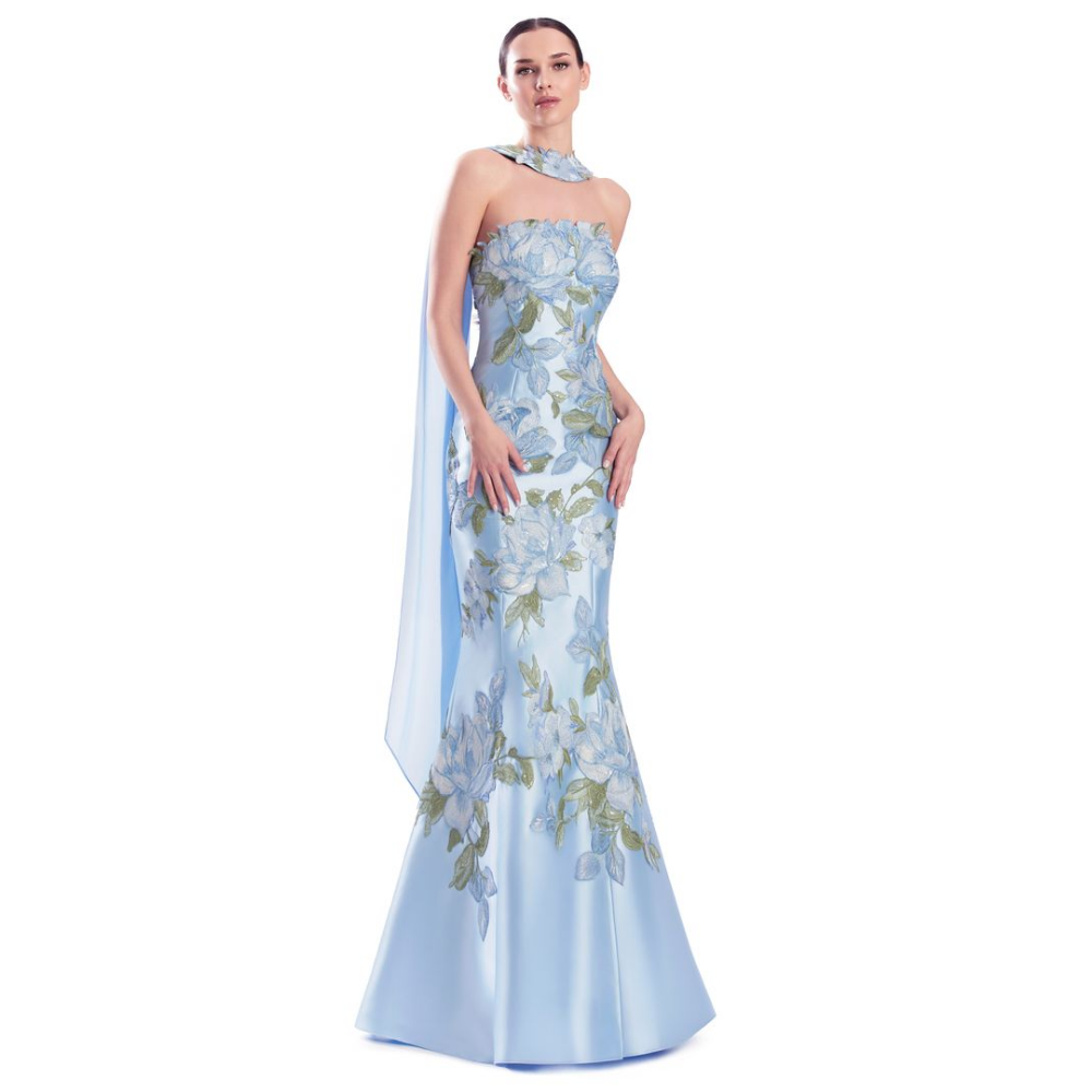 Alexander by Daymor 3332 Strapless Floral Embroidery Gown with Chiffon Cape at Helen Ainson