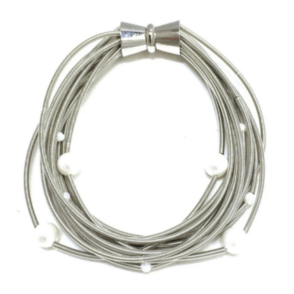 Sea Lily Silver Wire Bracelet with FW Pearls and Magnetic Clasp at Helen Ainson