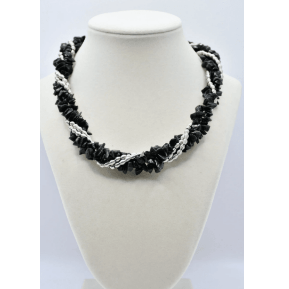 Sea Lily Silver Tone Beads Twisted With Obsidian Necklace at Helen Ainson