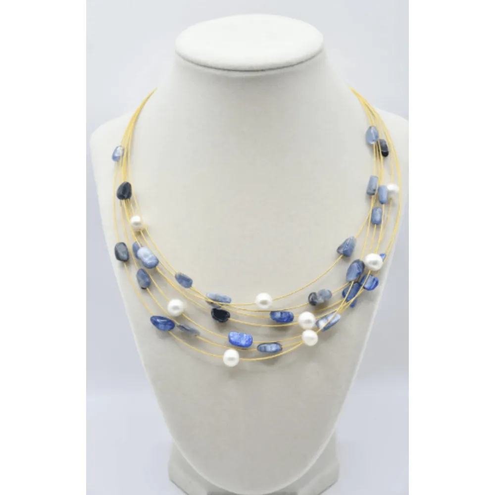 Sea Lily Gold Tone Wire Necklace With Kyanite And F.W. Pearls at Helen Ainson