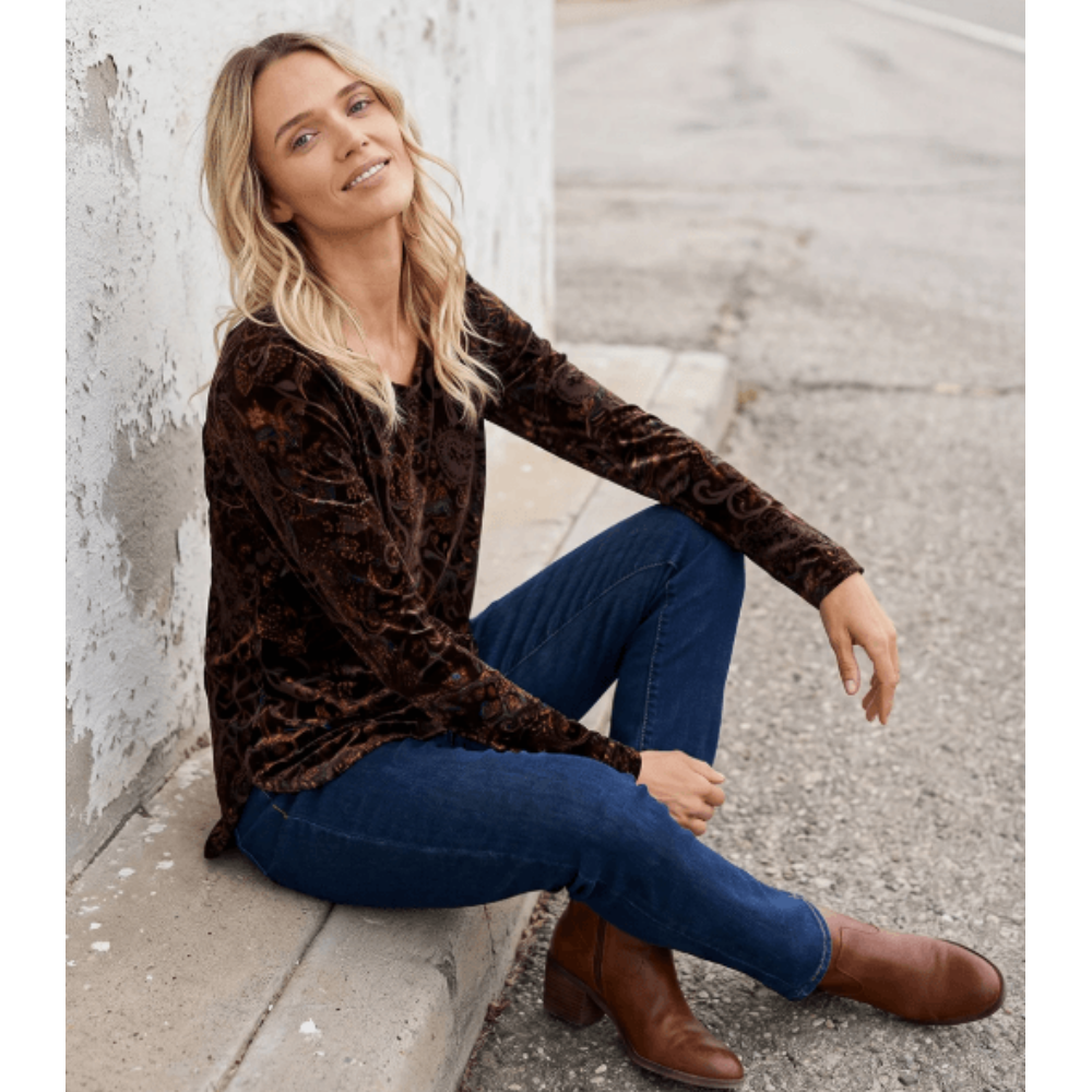 Karen Kane Long Sleeve Velvet Burnout Shirttail Top at Helen Ainson