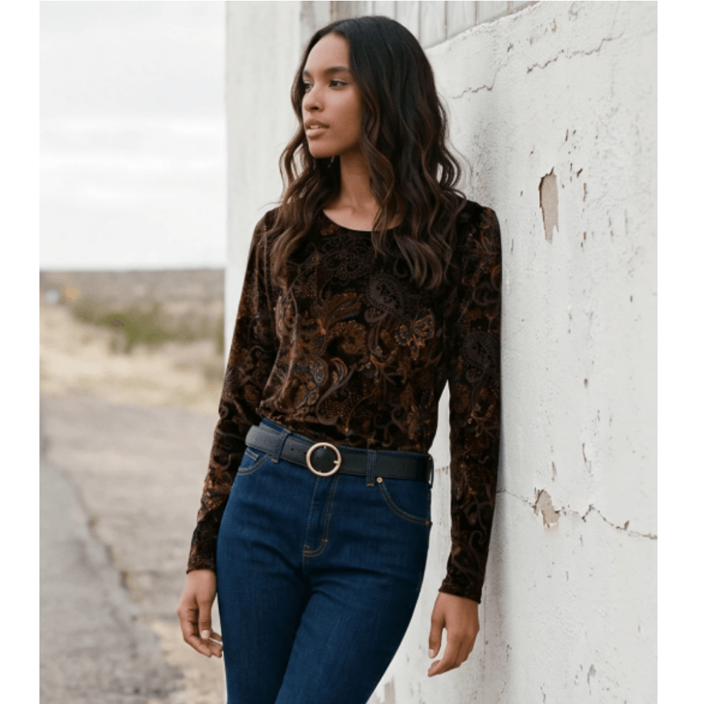 Karen Kane Long Sleeve Velvet Burnout Shirttail Top at Helen Ainson