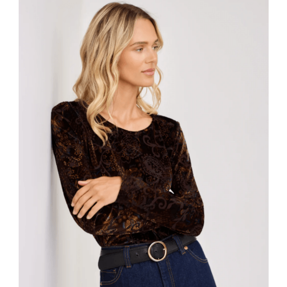 Karen Kane Long Sleeve Velvet Burnout Shirttail Top at Helen Ainson