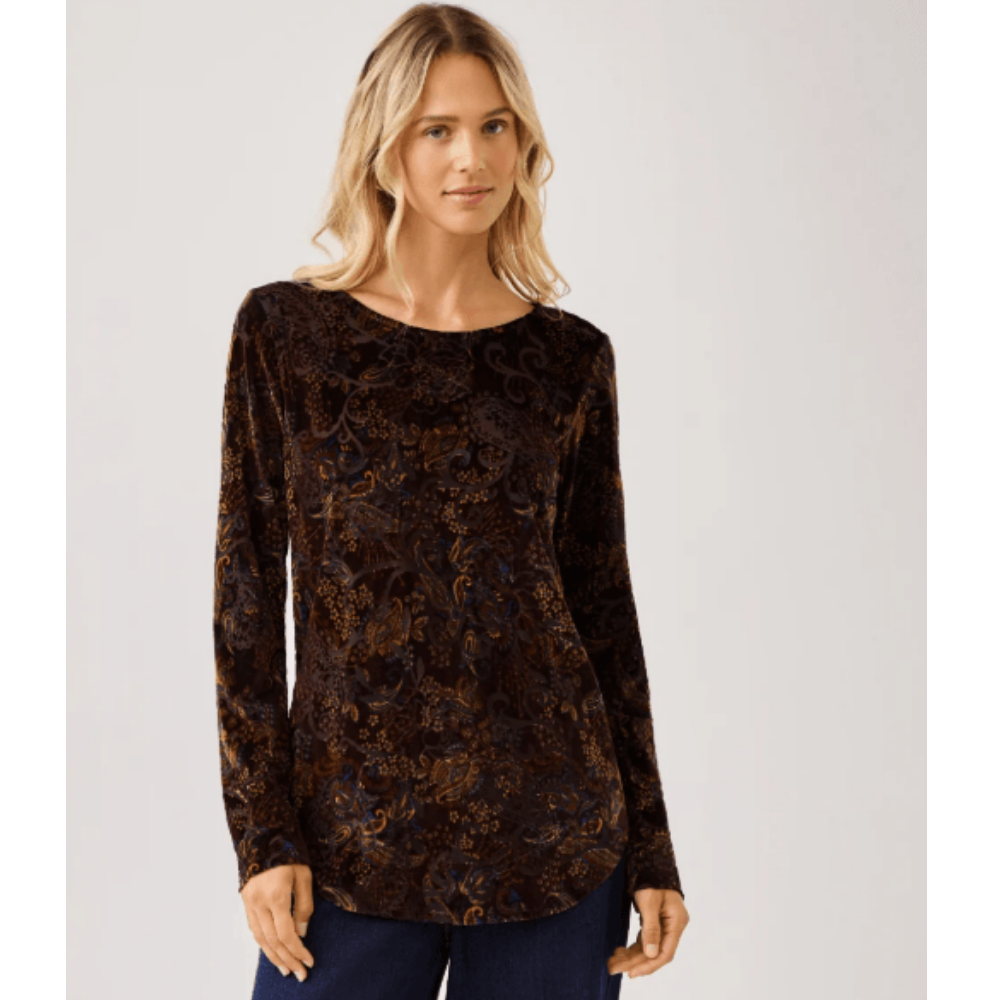 Karen Kane Long Sleeve Velvet Burnout Shirttail Top at Helen Ainson