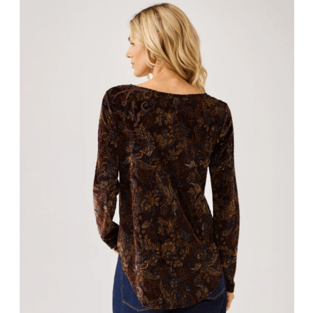 Karen Kane Long Sleeve Velvet Burnout Shirttail Top at Helen Ainson