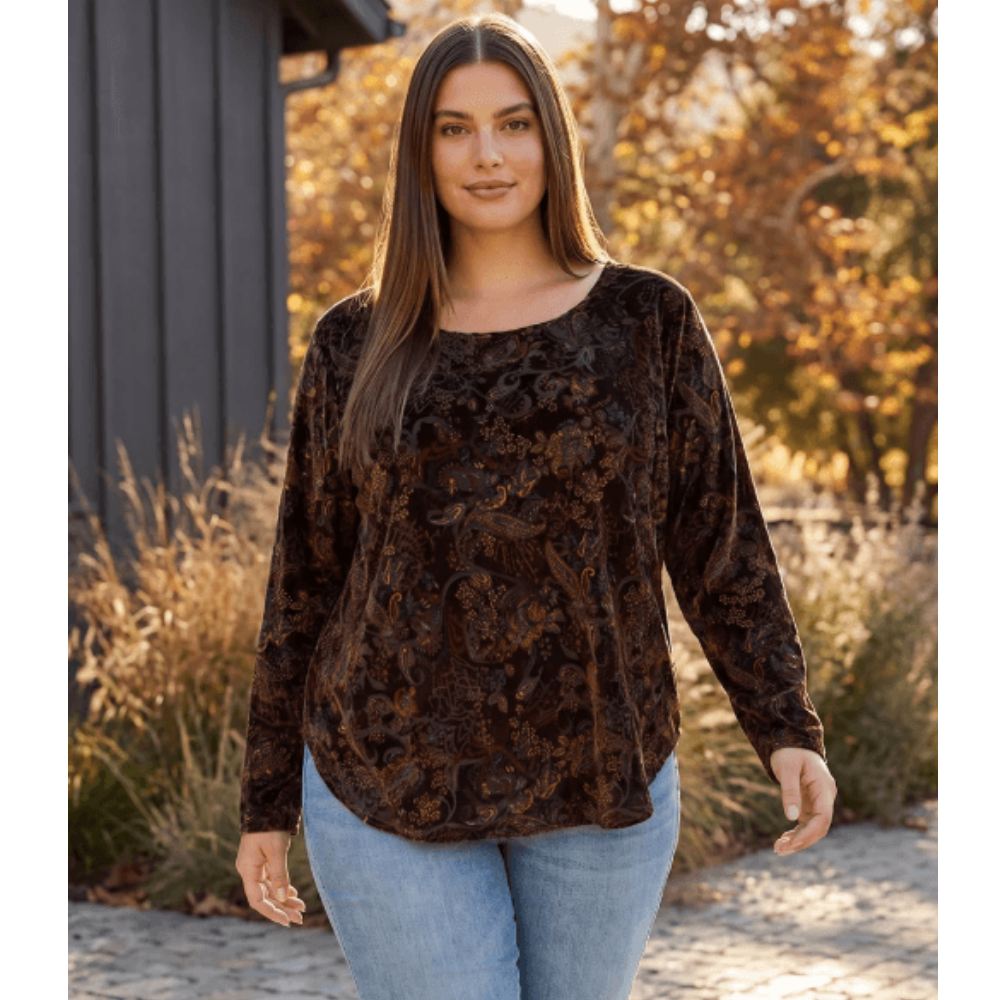 Karen Kane Long Sleeve Velvet Burnout Shirttail Top at Helen Ainson