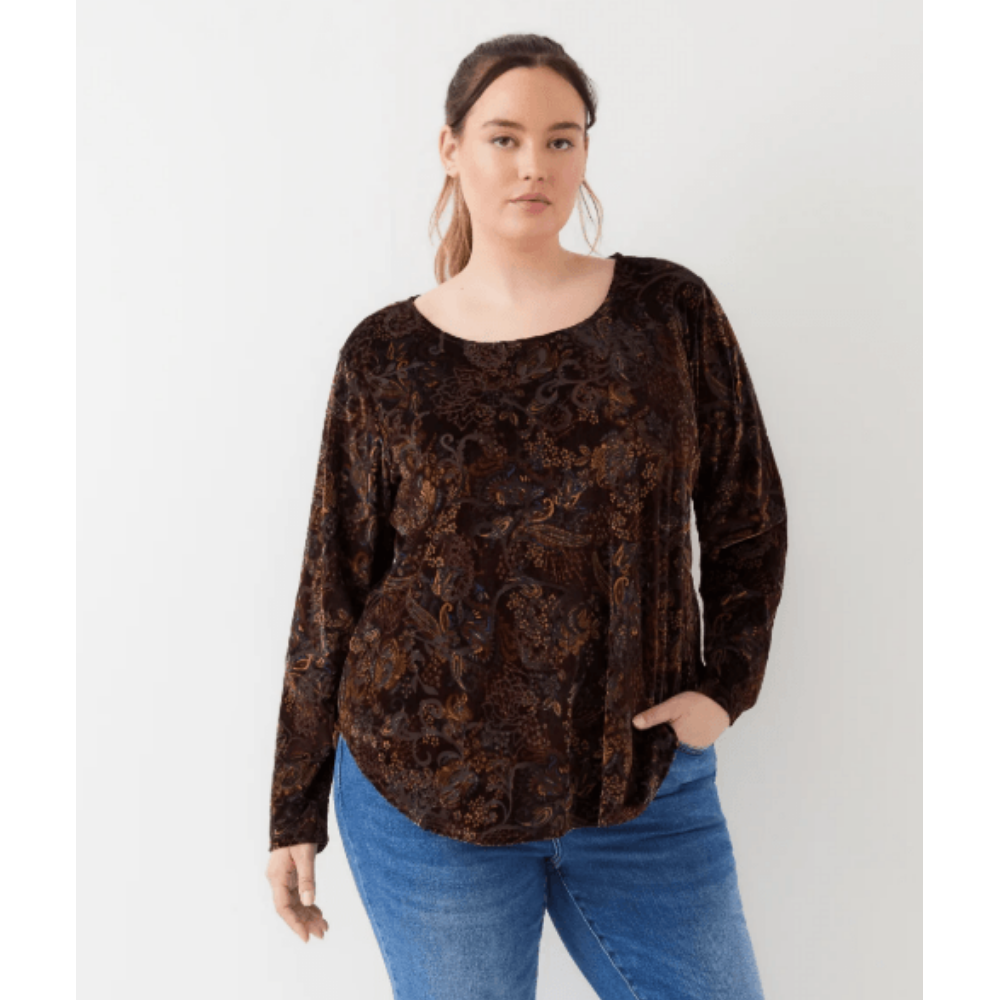 Karen Kane Long Sleeve Velvet Burnout Shirttail Top at Helen Ainson