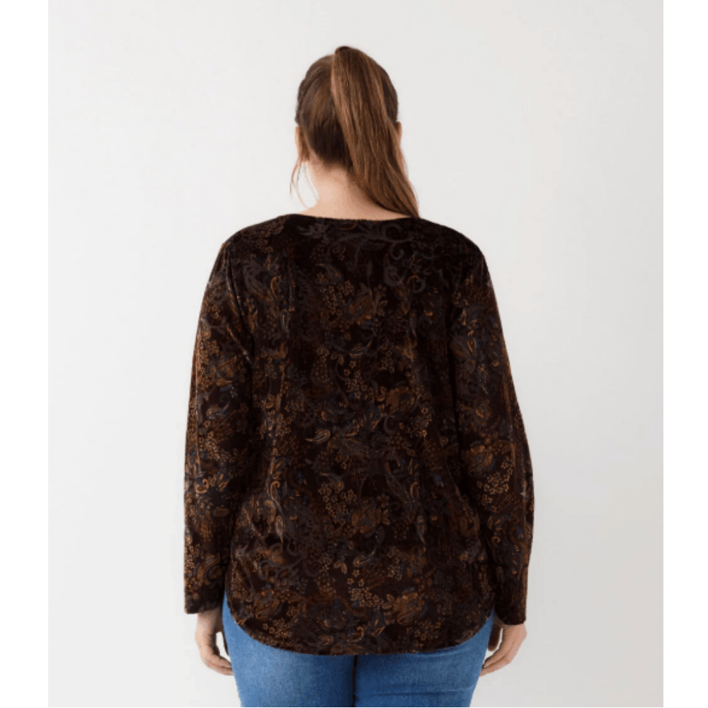 Karen Kane Long Sleeve Velvet Burnout Shirttail Top at Helen Ainson
