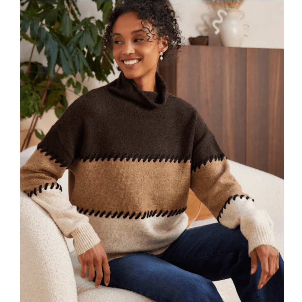Karen Kane Contrast Stitch Mock Neck Colorblock Sweater at Helen Ainson