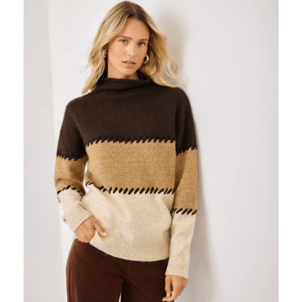 Karen Kane Contrast Stitch Mock Neck Colorblock Sweater at Helen Ainson