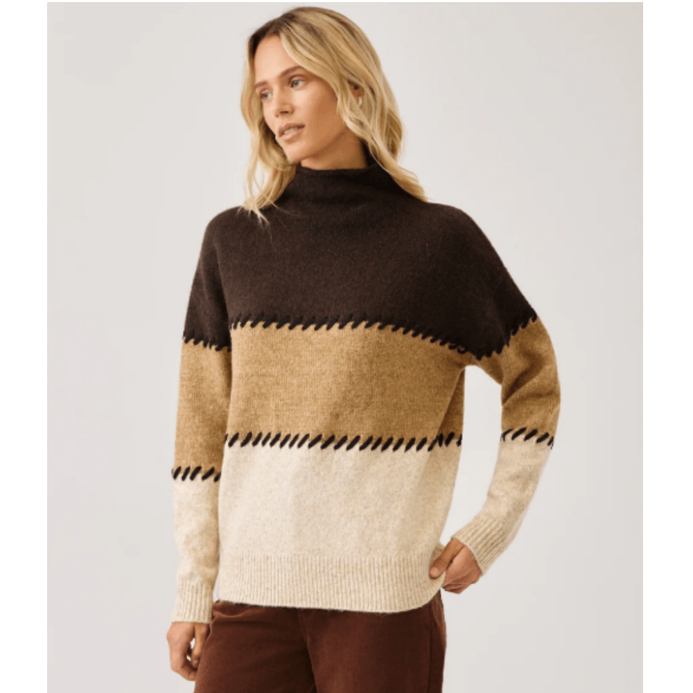 Karen Kane Contrast Stitch Mock Neck Colorblock Sweater at Helen Ainson
