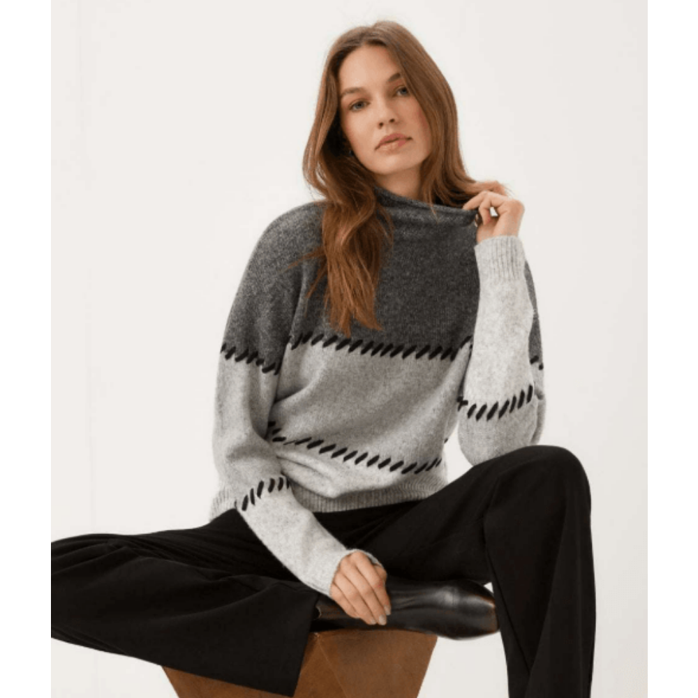 Karen Kane Contrast Stitch Mock Neck Colorblock Sweater at Helen Ainson