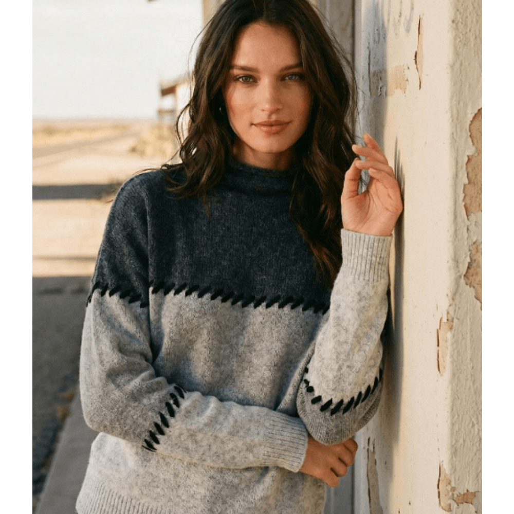 Karen Kane Contrast Stitch Mock Neck Colorblock Sweater at Helen Ainson
