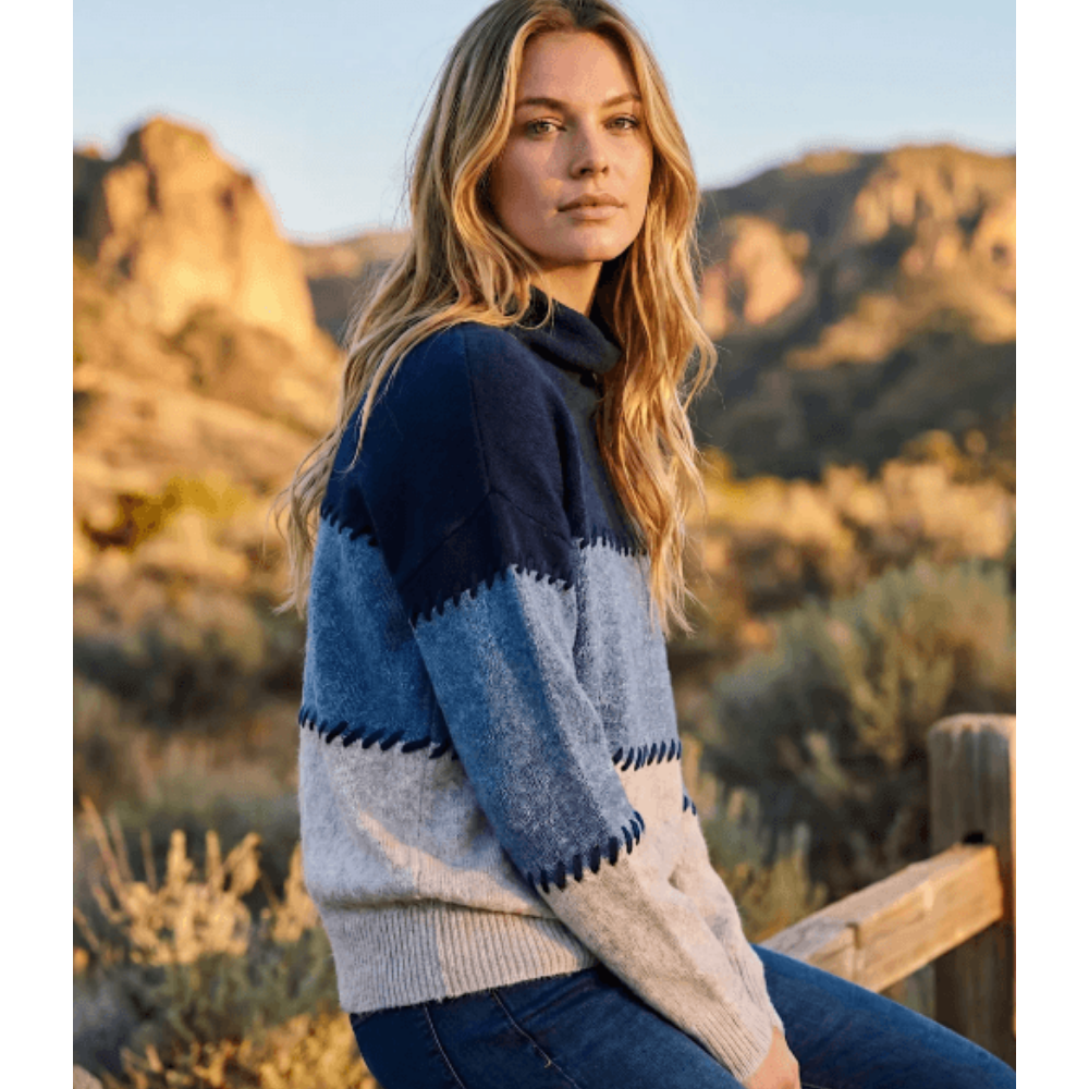 Karen Kane Contrast Stitch Mock Neck Colorblock Sweater at Helen Ainson