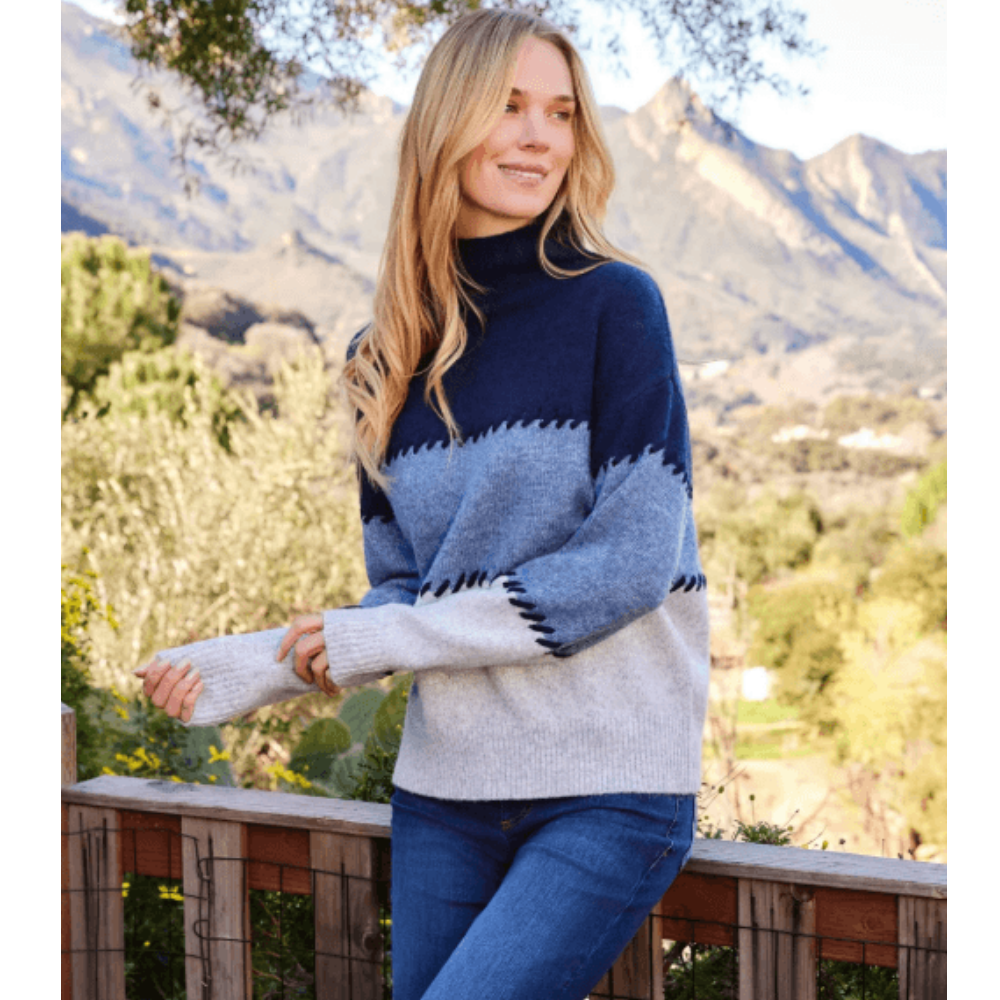 Karen Kane Contrast Stitch Mock Neck Colorblock Sweater at Helen Ainson