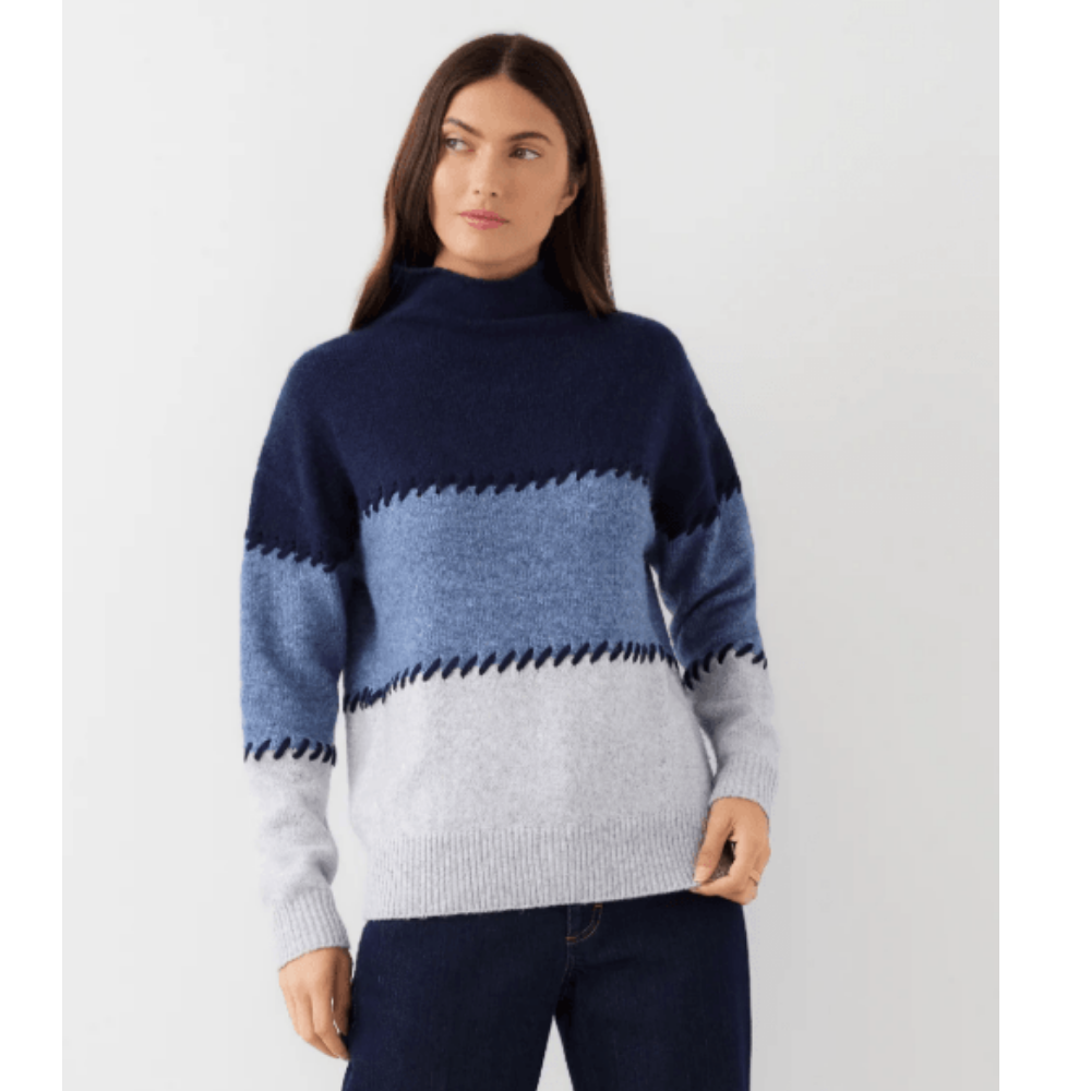Karen Kane Contrast Stitch Mock Neck Colorblock Sweater at Helen Ainson