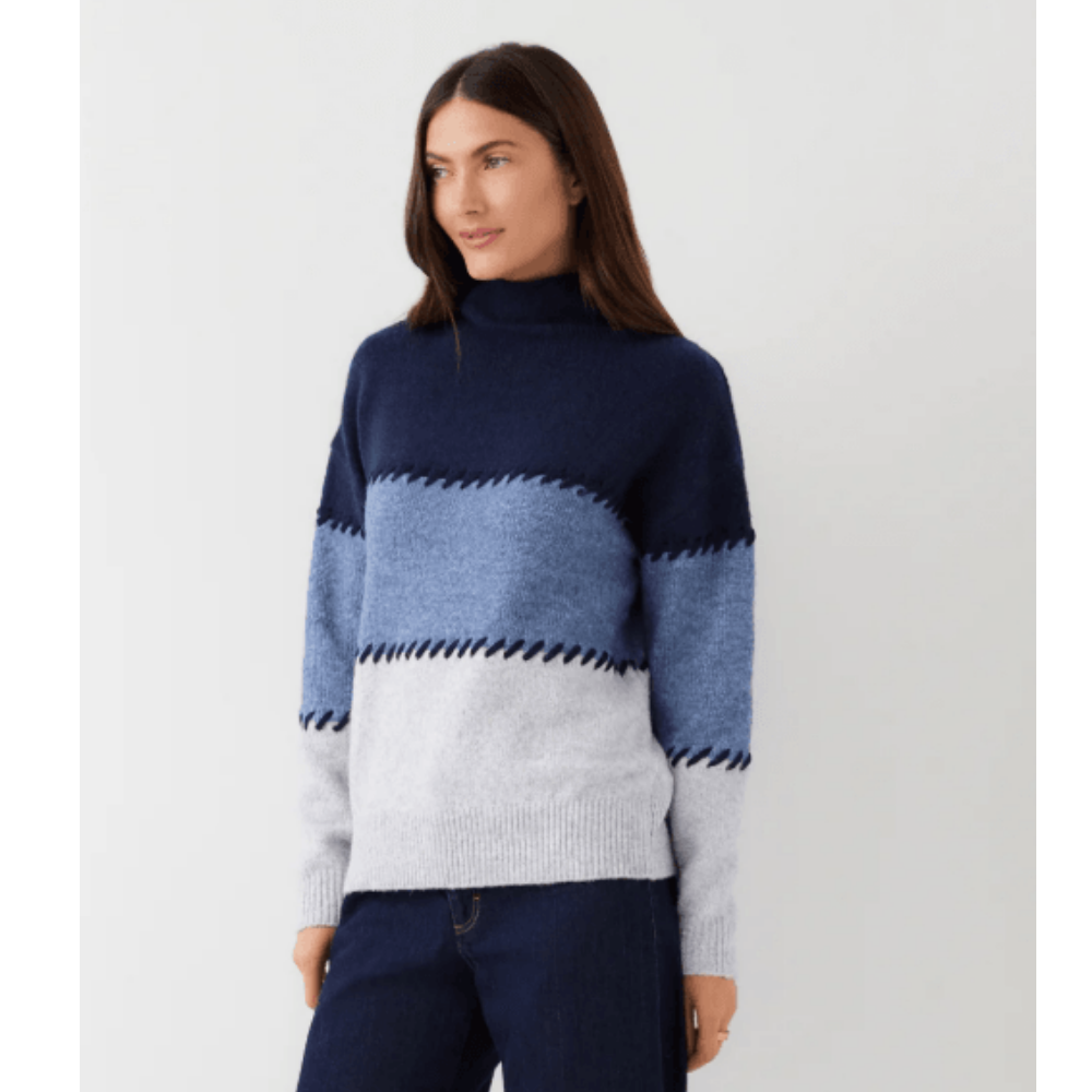 Karen Kane Contrast Stitch Mock Neck Colorblock Sweater at Helen Ainson
