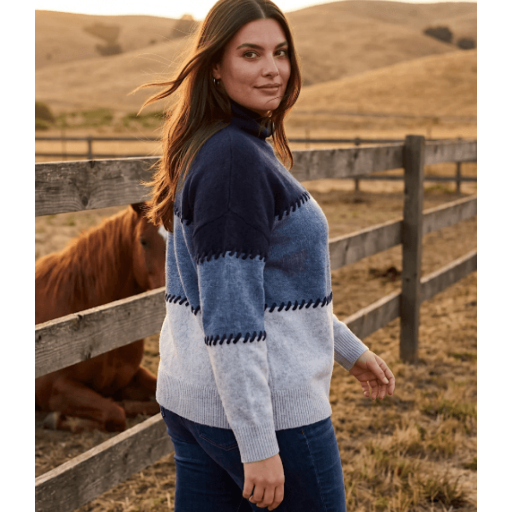 Karen Kane Contrast Stitch Mock Neck Colorblock Sweater at Helen Ainson