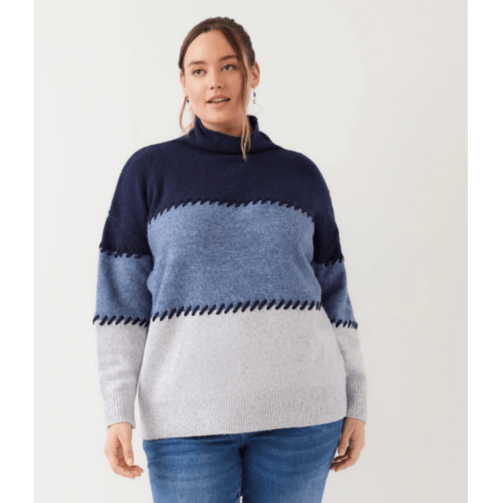 Karen Kane Contrast Stitch Mock Neck Colorblock Sweater at Helen Ainson
