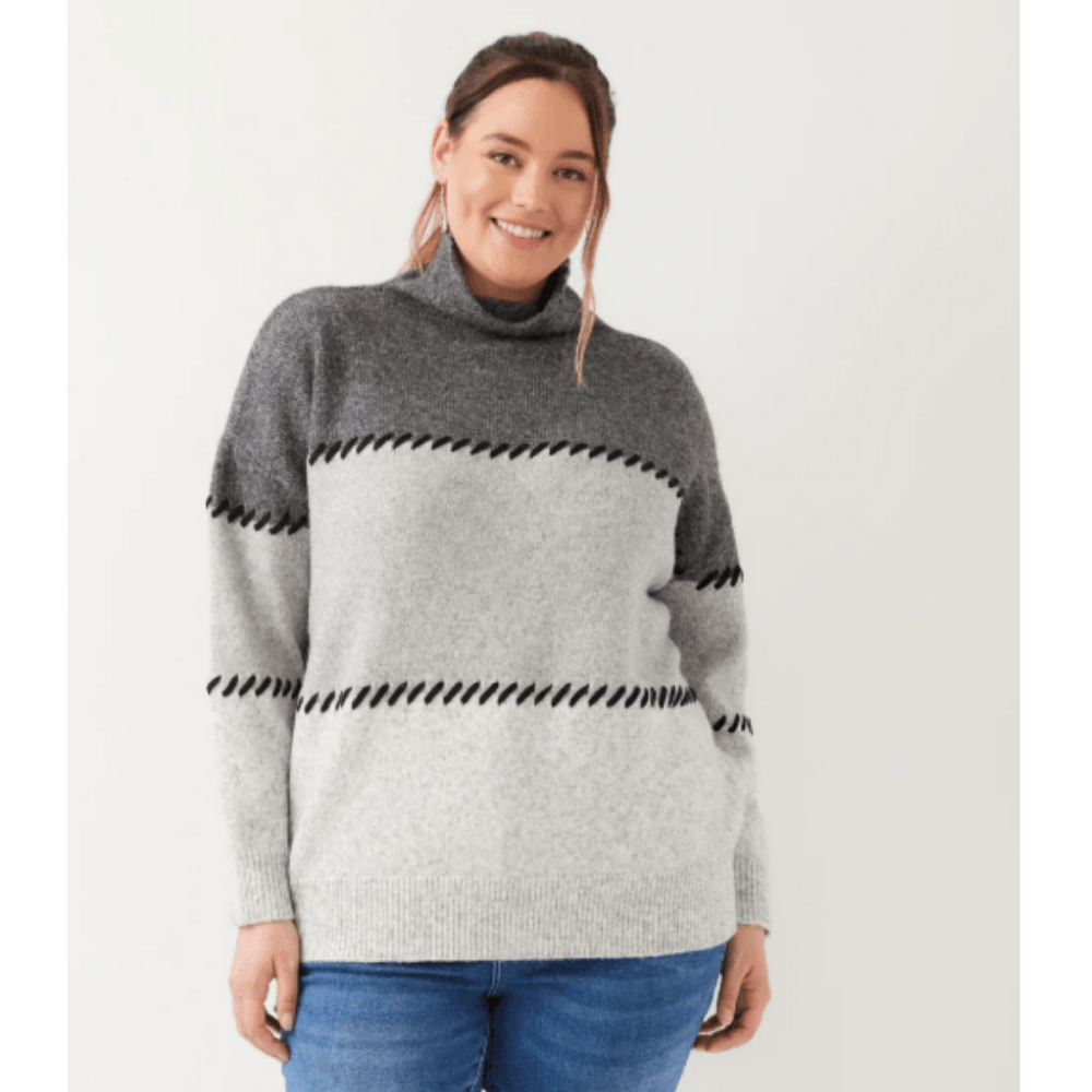 Karen Kane Contrast Stitch Mock Neck Colorblock Sweater at Helen Ainson