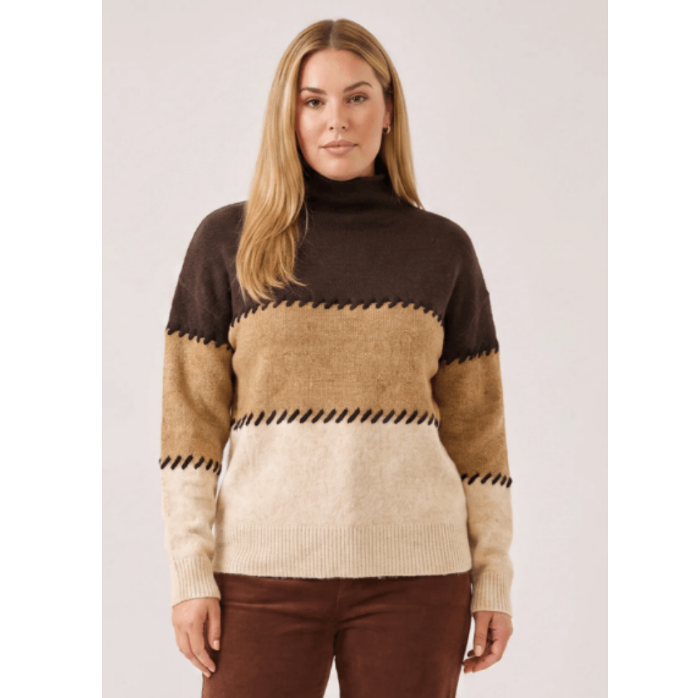 Karen Kane Contrast Stitch Mock Neck Colorblock Sweater at Helen Ainson