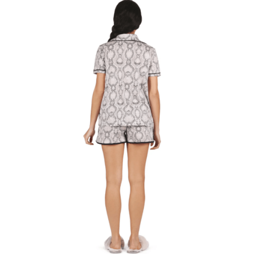 Memoi Women's Snake Notch Collar Cotton Blend Pajama Set at Helen Ainson