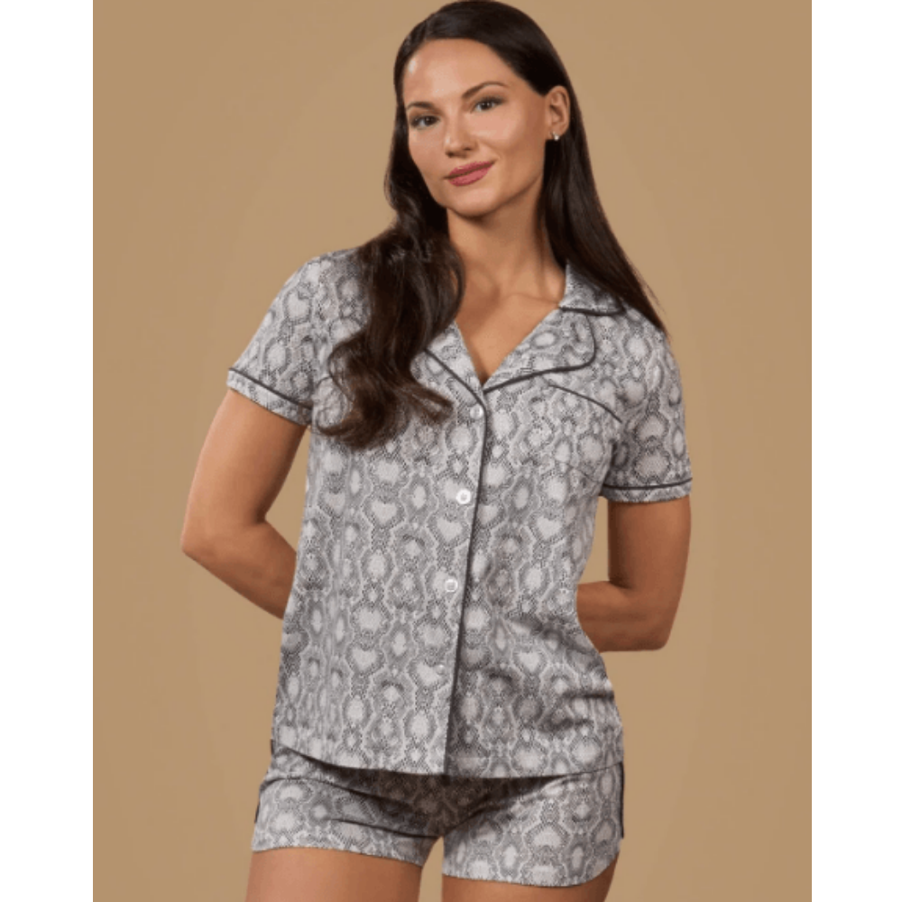 Memoi Women's Snake Notch Collar Cotton Blend Pajama Set at Helen Ainson