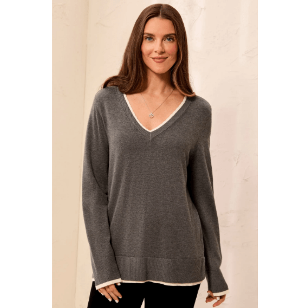 Tribal Soft Viscose Long Sleeve Contrast Trim V-Neck Sweater at Helen Ainson