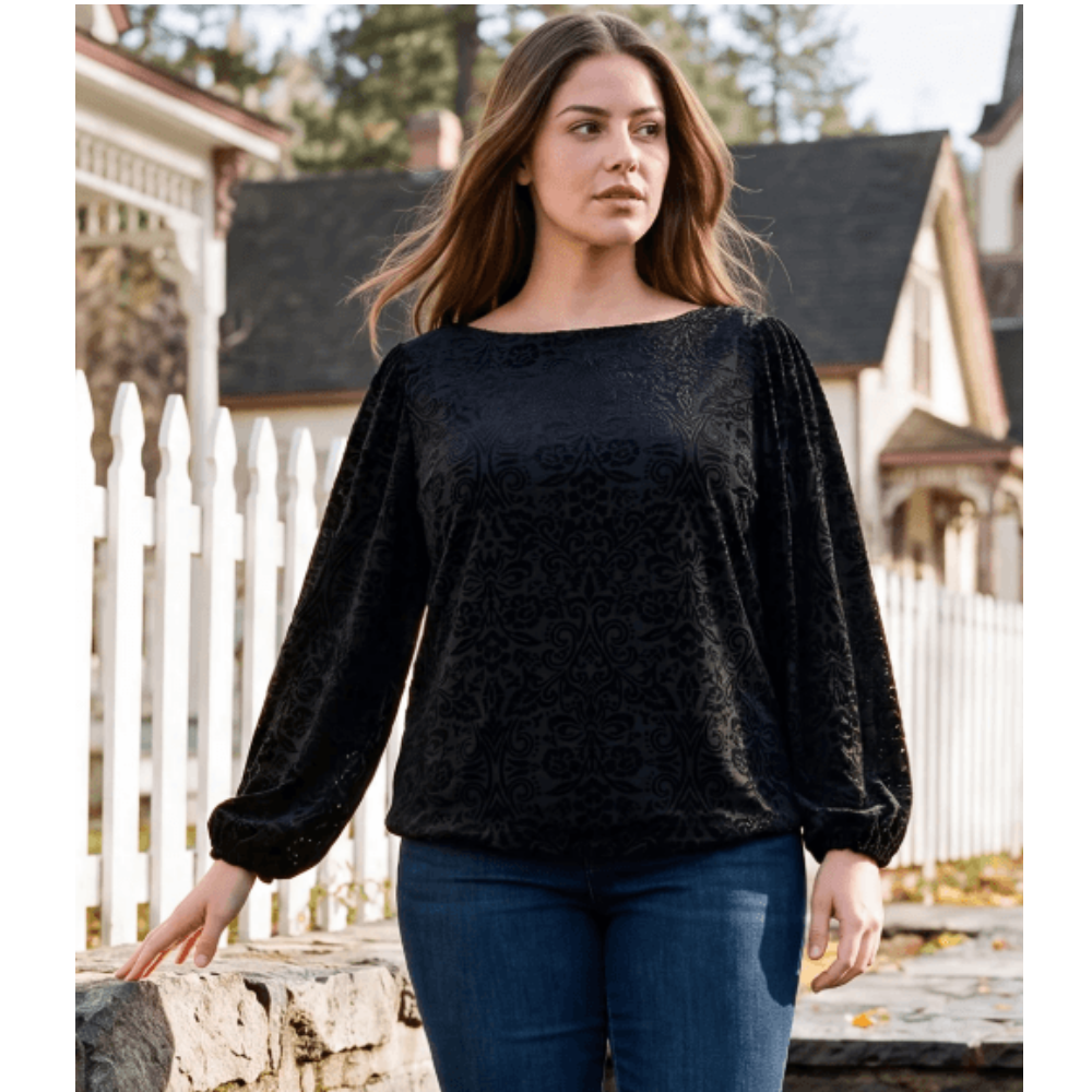 Karen Kane Blouson Sleeve Velvet Burnout Boatneck Top at Helen Ainson