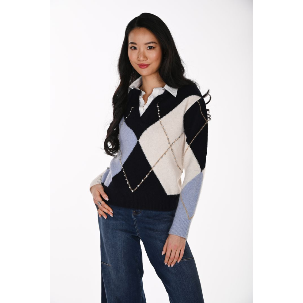 Frank Lyman Argyle Rhinestone-Embellished Knit Top at Helen Ainson