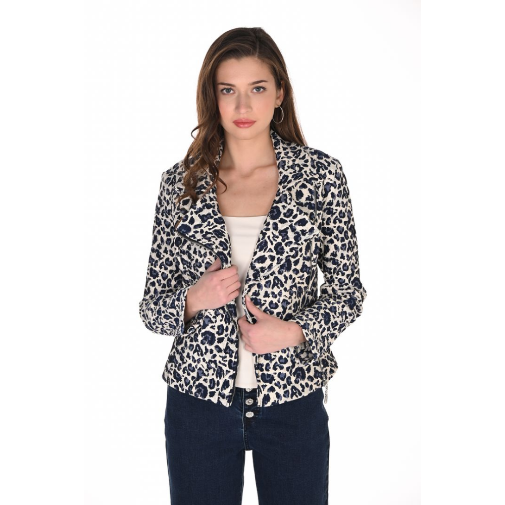Frank Lyman Leopard-Print Asymmetrical Zip Fitted Jacket at Helen Ainson