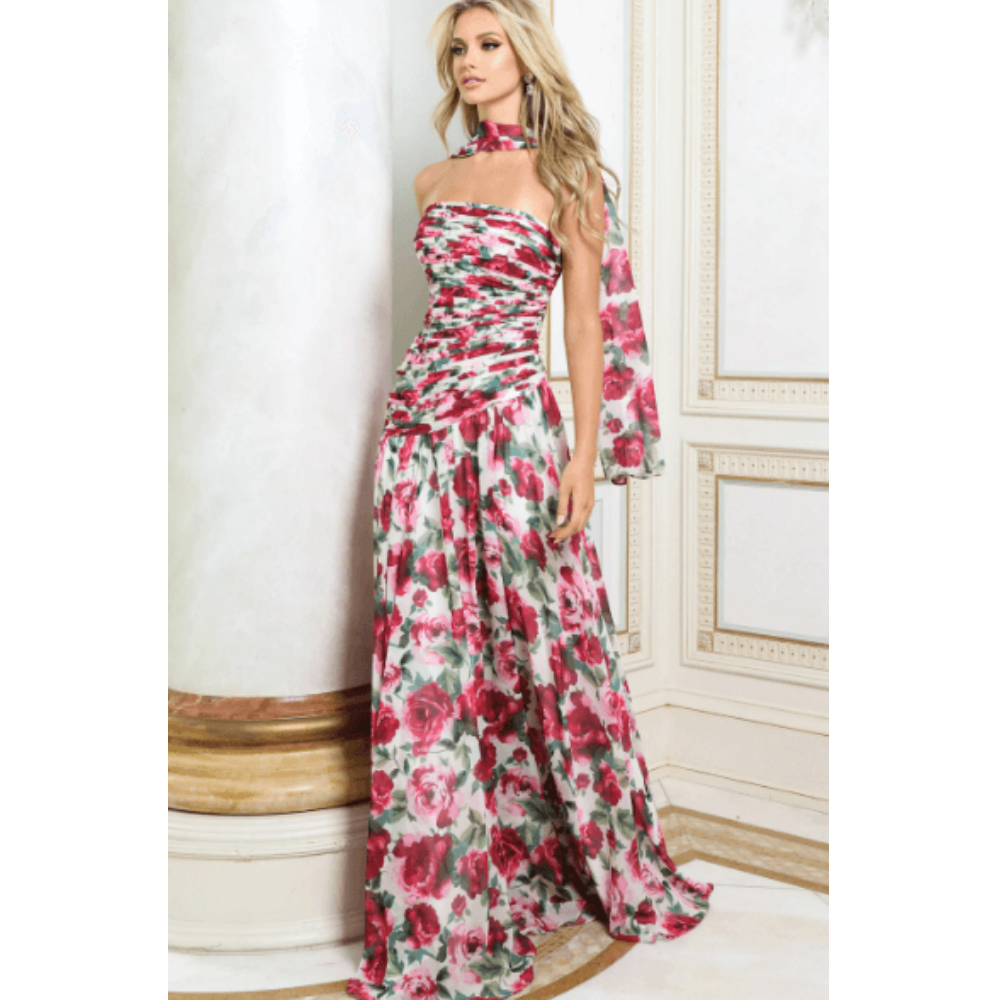 Jovani Strapless Rose Print Chiffon A Line Gown with Scarf 52658 at Helen Ainson