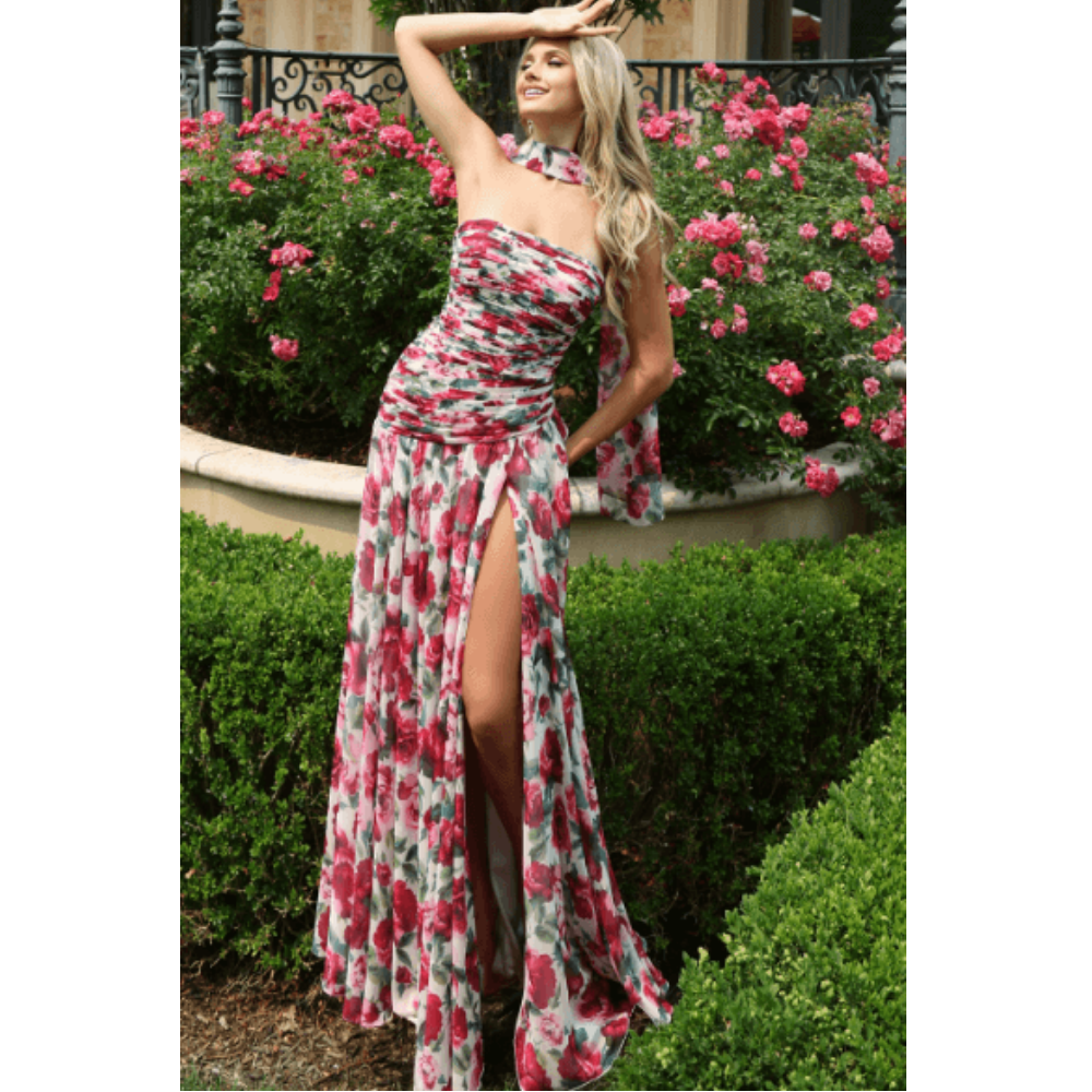 Jovani Strapless Rose Print Chiffon A Line Gown with Scarf 52658 at Helen Ainson