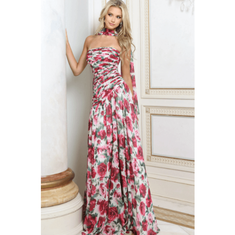 Jovani Strapless Rose Print Chiffon A Line Gown with Scarf 52658 at Helen Ainson